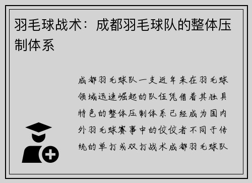 羽毛球战术：成都羽毛球队的整体压制体系