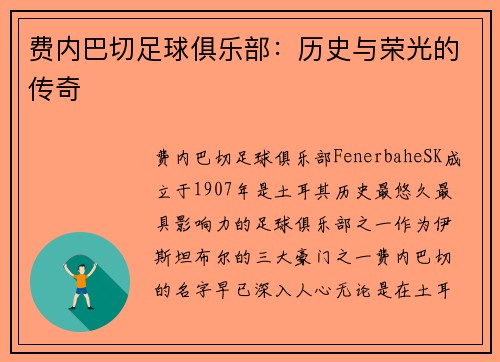 费内巴切足球俱乐部：历史与荣光的传奇