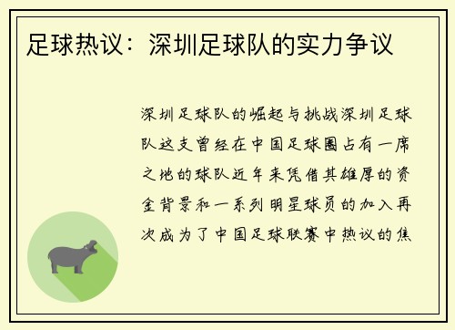 足球热议：深圳足球队的实力争议