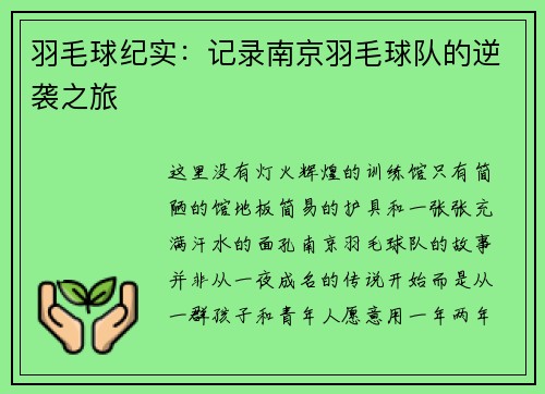 羽毛球纪实：记录南京羽毛球队的逆袭之旅