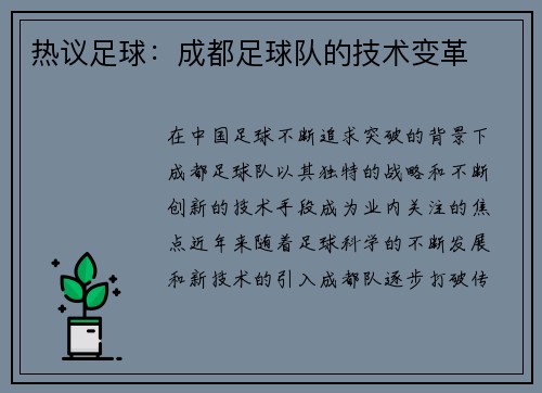 热议足球：成都足球队的技术变革
